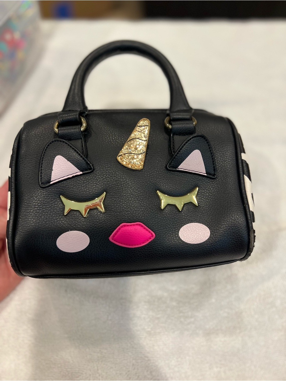 Betsey Johnson Black Mini Unicorn Satchel with Pink Accents